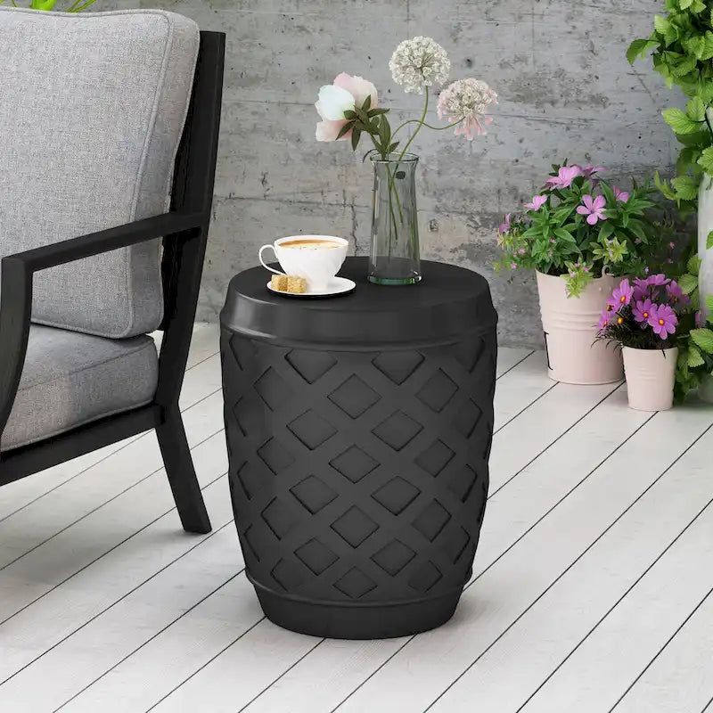 Contemporary Concrete Side Table with Lattice Design, Black