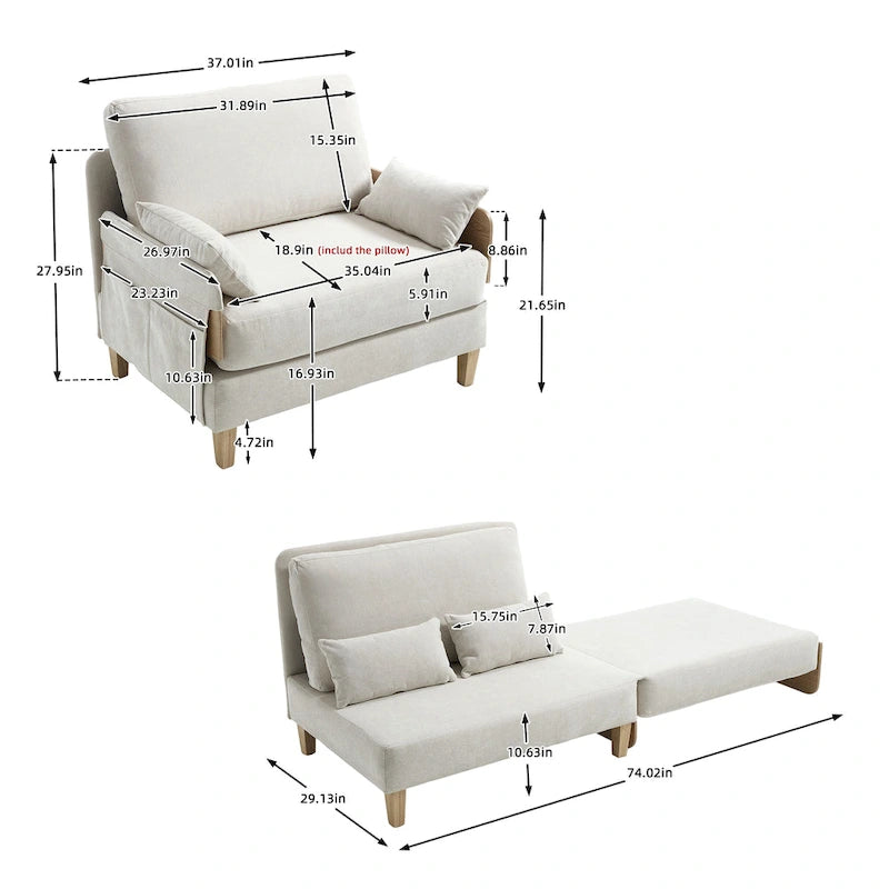 Chaise longue convertible en chenille avec dossier inclinable et poche latérale