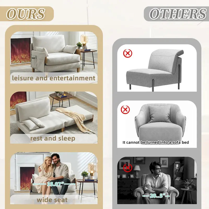 Chaise longue convertible en chenille avec dossier inclinable et poche latérale