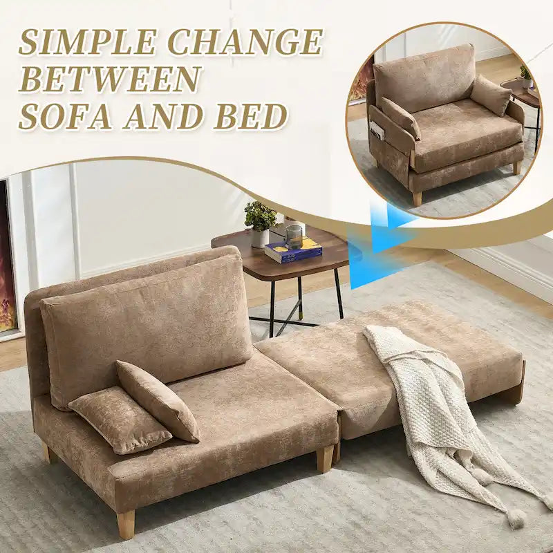 Chaise longue convertible en chenille avec dossier inclinable et poche latérale