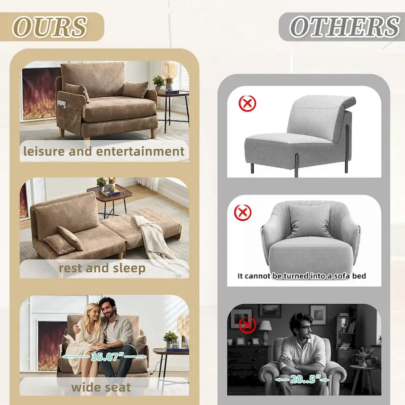 Chaise longue convertible en chenille avec dossier inclinable et poche latérale
