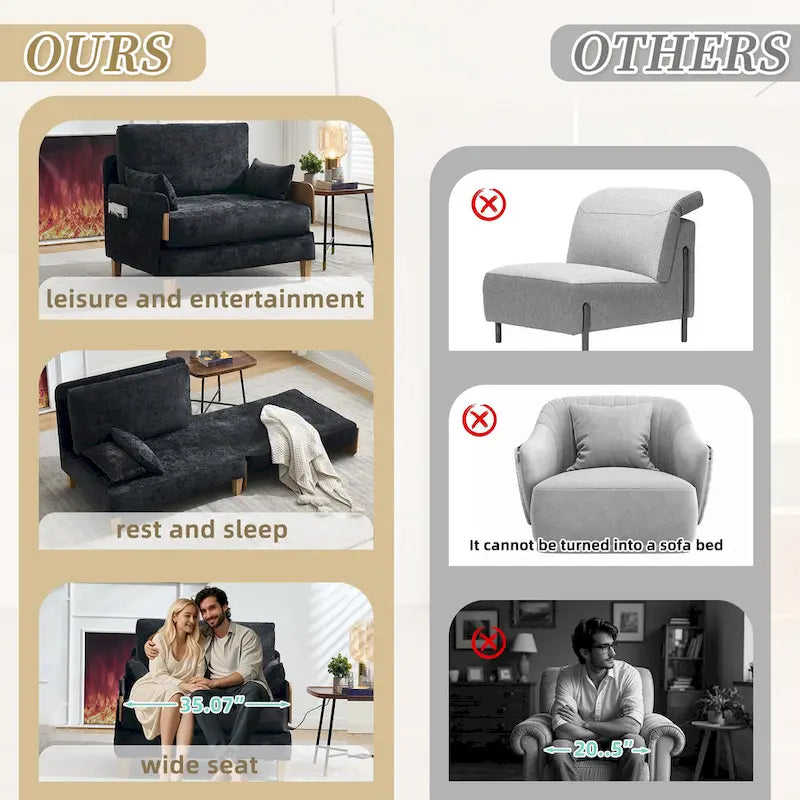 Chaise longue convertible en chenille avec dossier inclinable et poche latérale
