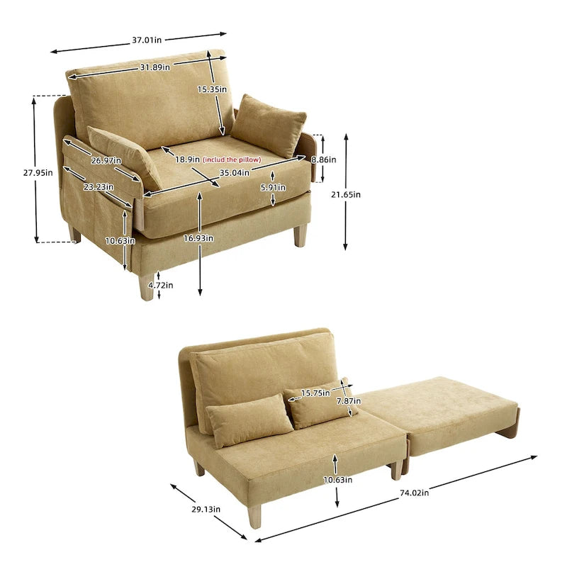 Chaise longue convertible en chenille avec dossier inclinable et poche latérale