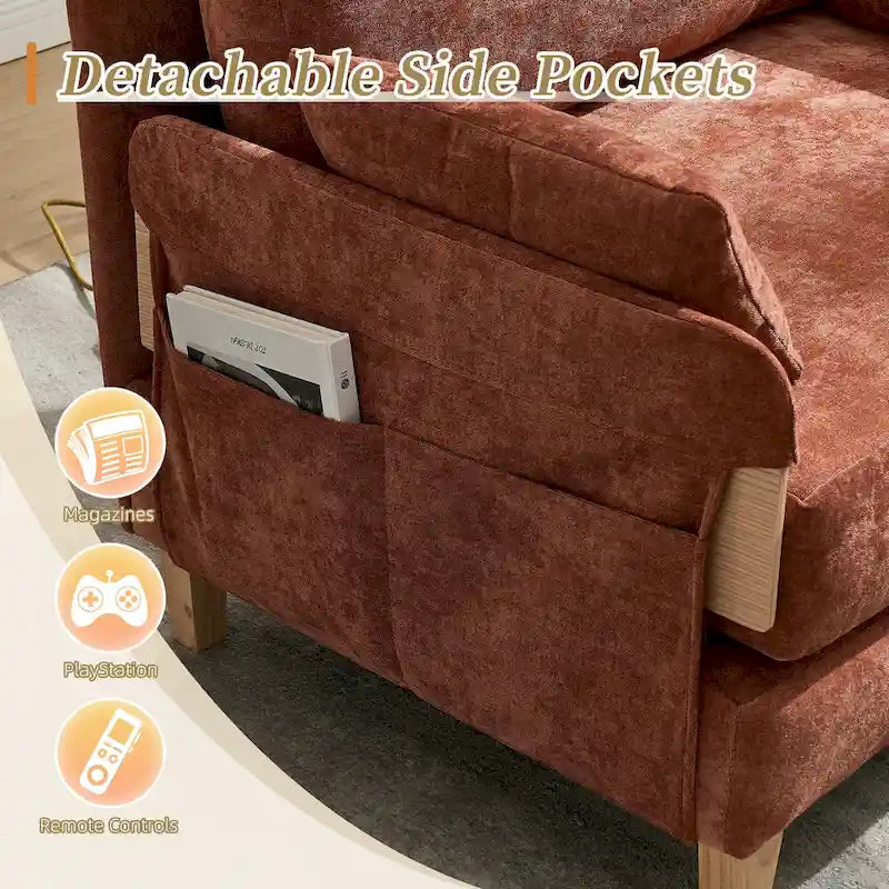 Chaise longue convertible en chenille avec dossier inclinable et poche latérale