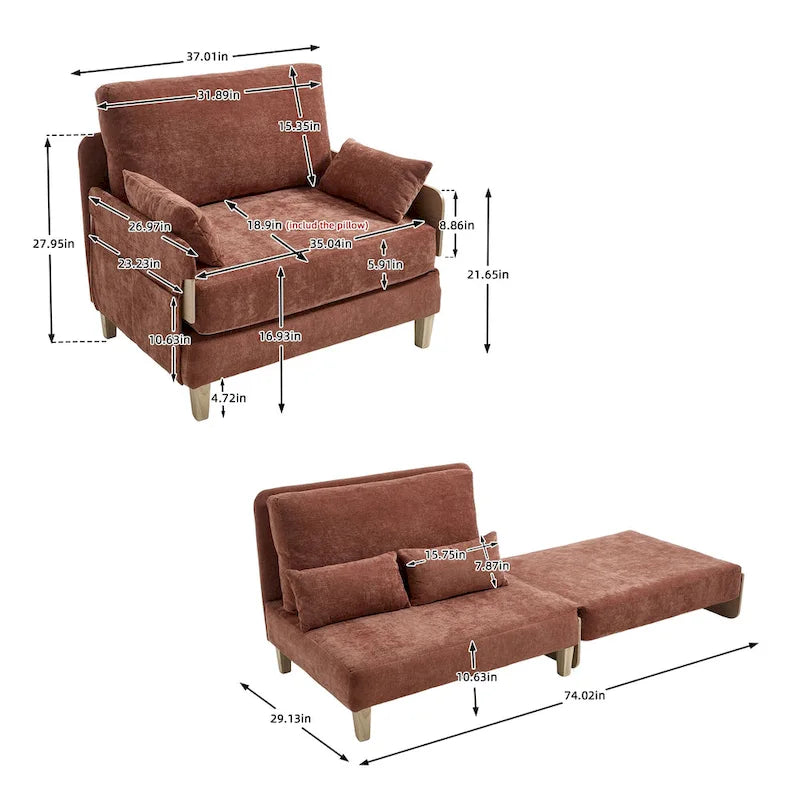 Chaise longue convertible en chenille avec dossier inclinable et poche latérale
