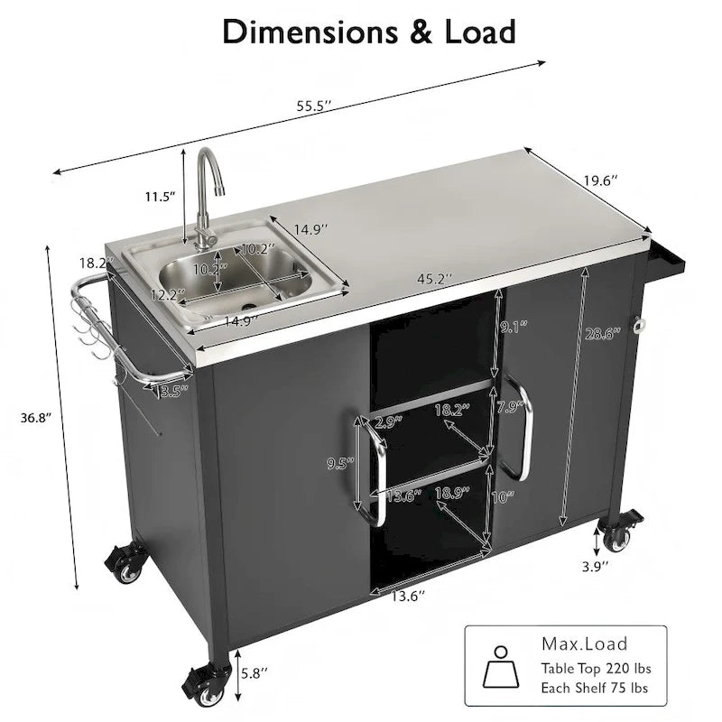 Desserte de cuisine d'extérieur pour barbecue avec évier en acier inoxydable et roues verrouillables