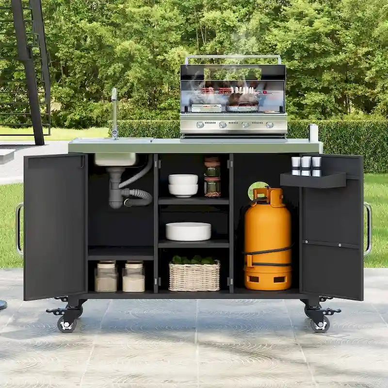 Desserte de cuisine d'extérieur pour barbecue avec évier en acier inoxydable et roues verrouillables