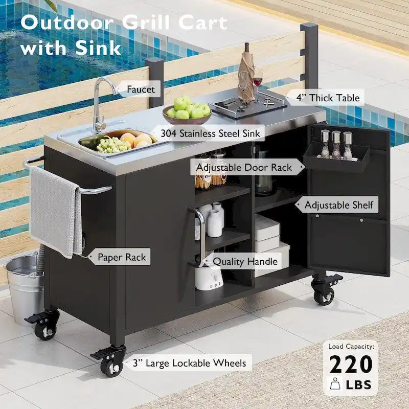 Desserte de cuisine d'extérieur pour barbecue avec évier en acier inoxydable et roues verrouillables