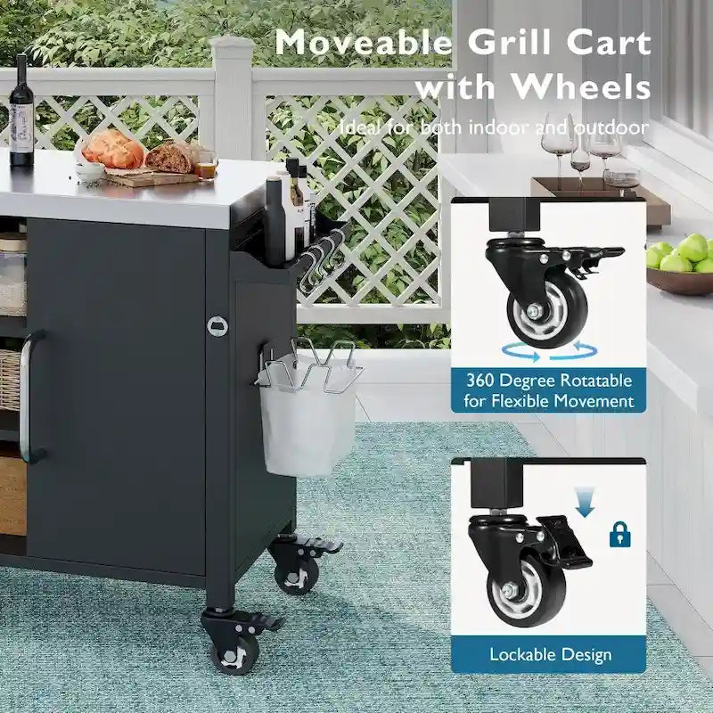 Desserte de cuisine d'extérieur pour barbecue avec évier en acier inoxydable et roues verrouillables