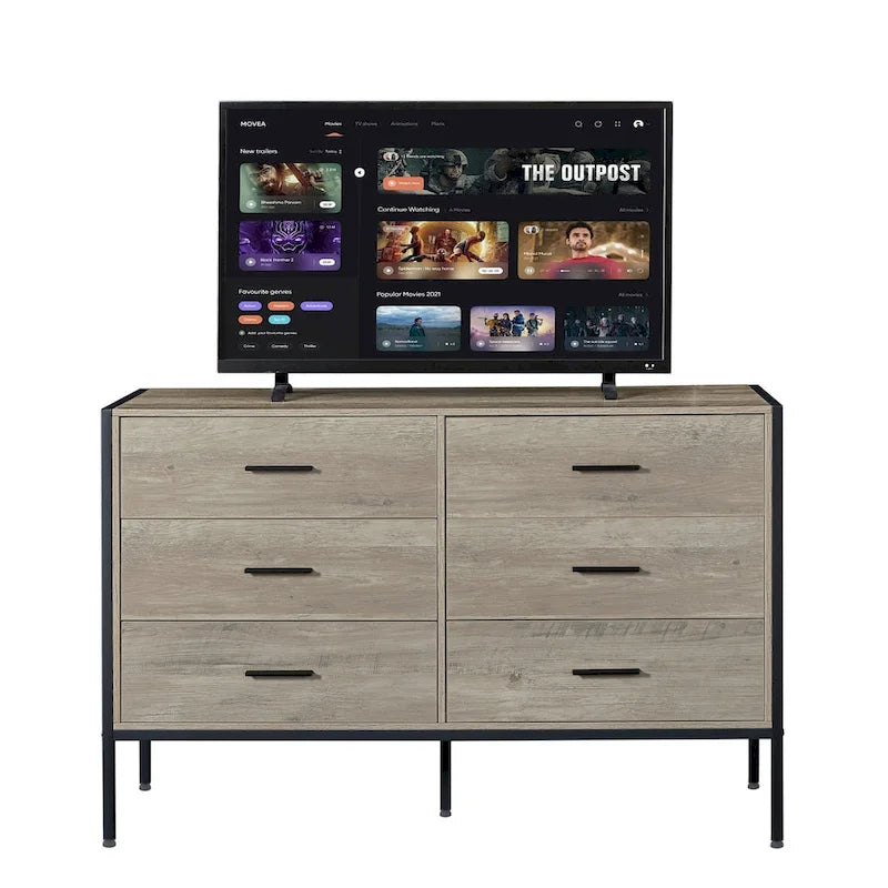 Commode large rustique à 6 tiroirs avec cadre en métal noir – Rangement chambre et salon