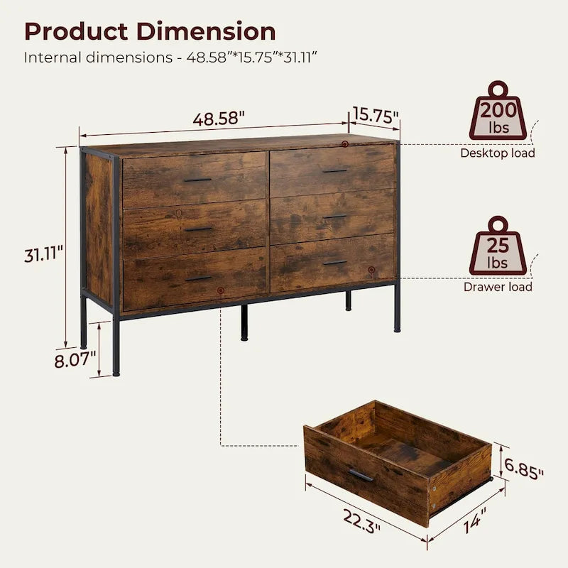 Commode large rustique à 6 tiroirs avec cadre en métal noir – Rangement chambre et salon