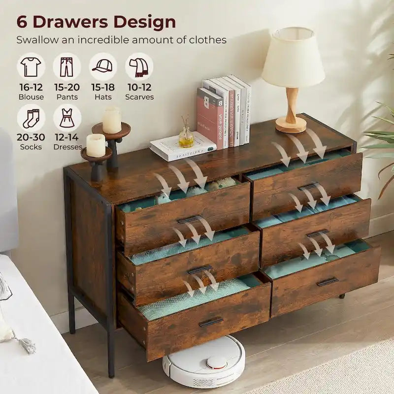 Commode large rustique à 6 tiroirs avec cadre en métal noir – Rangement chambre et salon