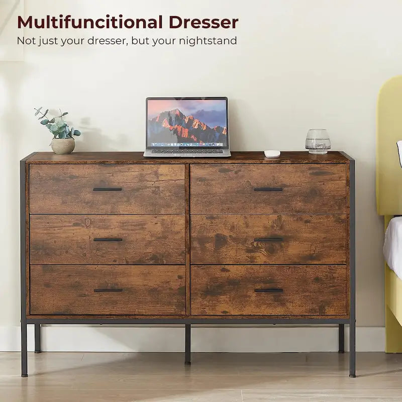 Commode large rustique à 6 tiroirs avec cadre en métal noir – Rangement chambre et salon