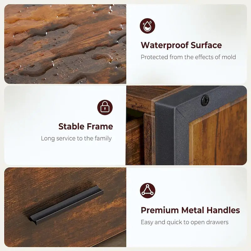 Commode large rustique à 6 tiroirs avec cadre en métal noir – Rangement chambre et salon