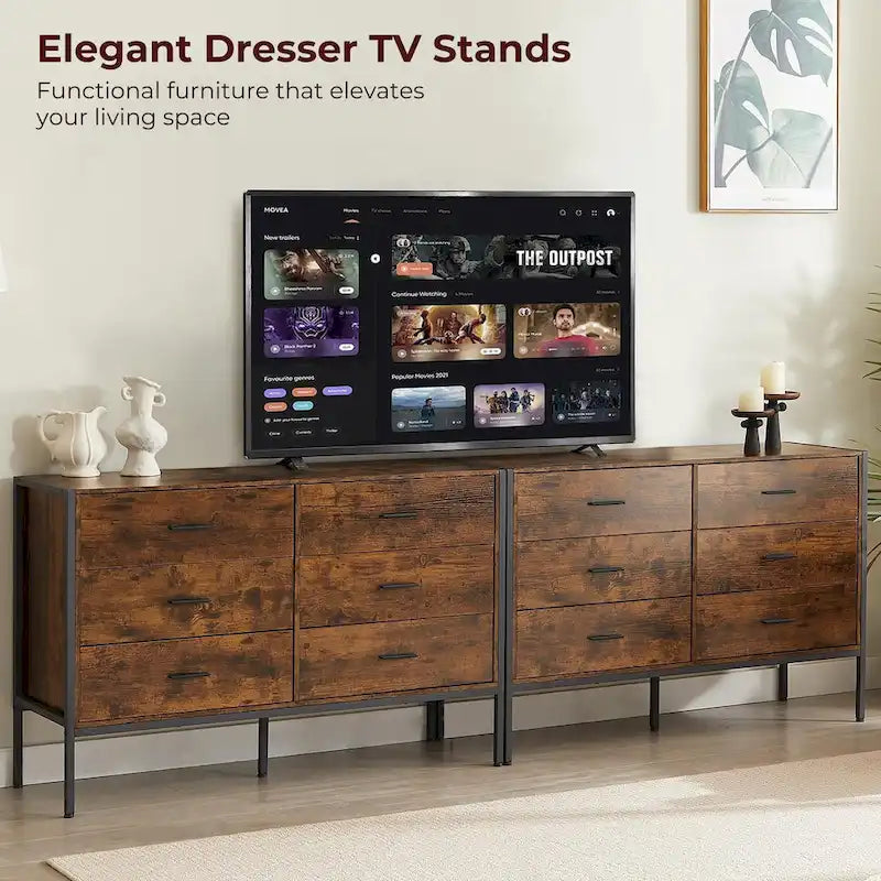 Commode large rustique à 6 tiroirs avec cadre en métal noir – Rangement chambre et salon