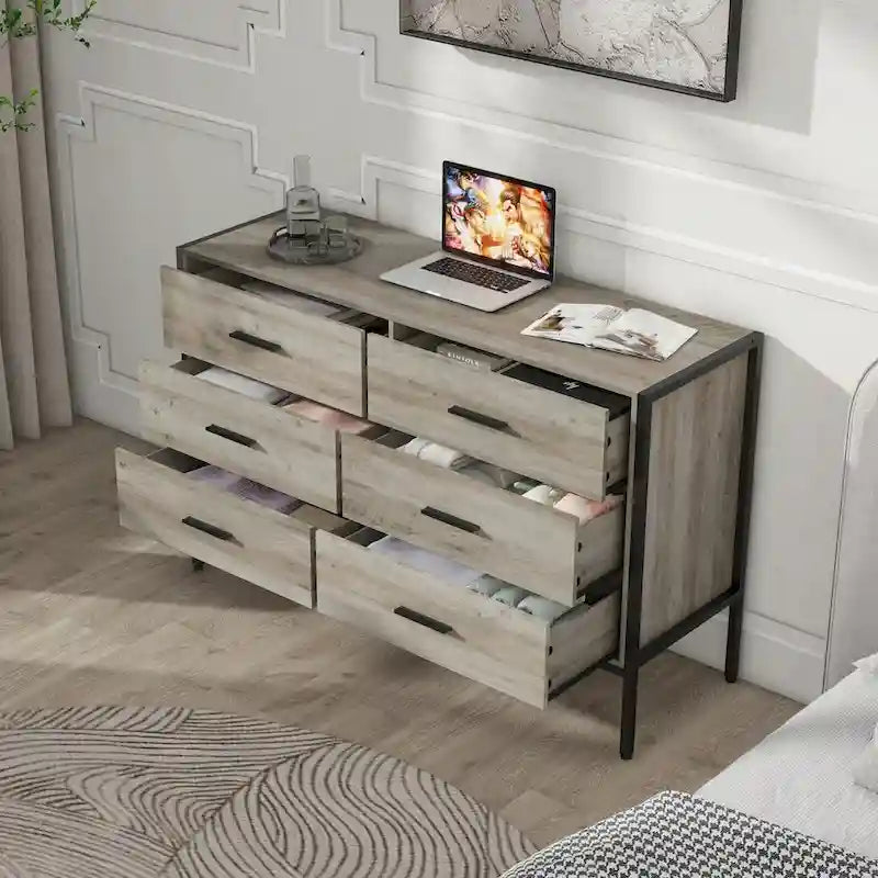 Commode large rustique à 6 tiroirs avec cadre en métal noir – Rangement chambre et salon