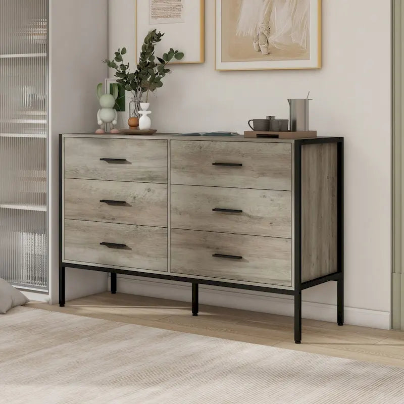 Commode large rustique à 6 tiroirs avec cadre en métal noir – Rangement chambre et salon