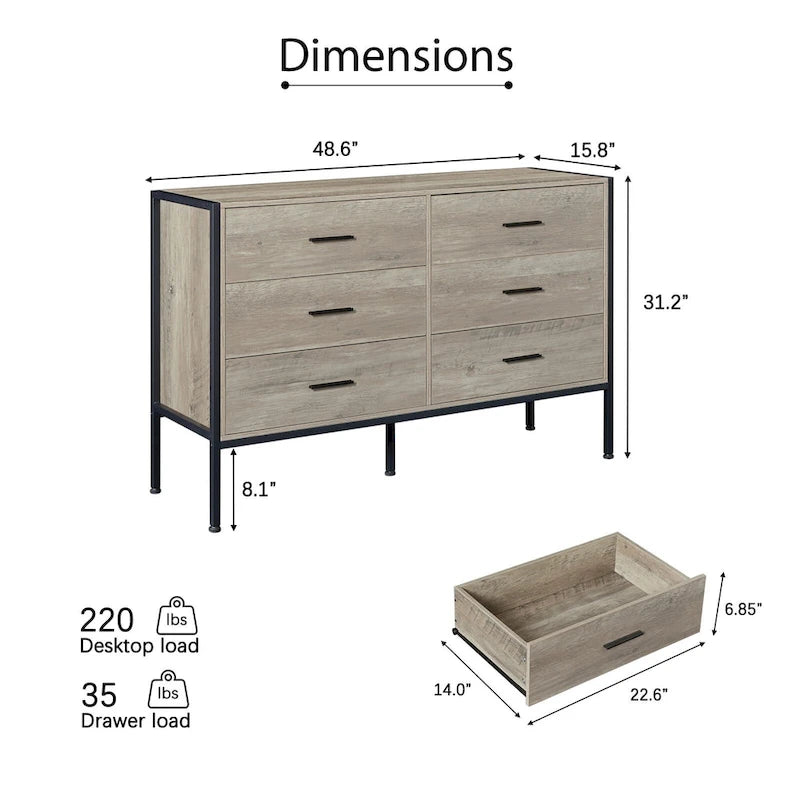 Commode large rustique à 6 tiroirs avec cadre en métal noir – Rangement chambre et salon
