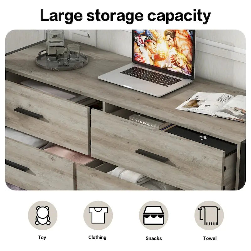 Commode large rustique à 6 tiroirs avec cadre en métal noir – Rangement chambre et salon