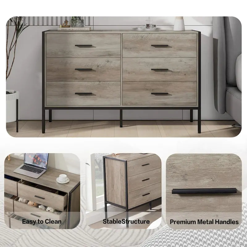 Commode large rustique à 6 tiroirs avec cadre en métal noir – Rangement chambre et salon