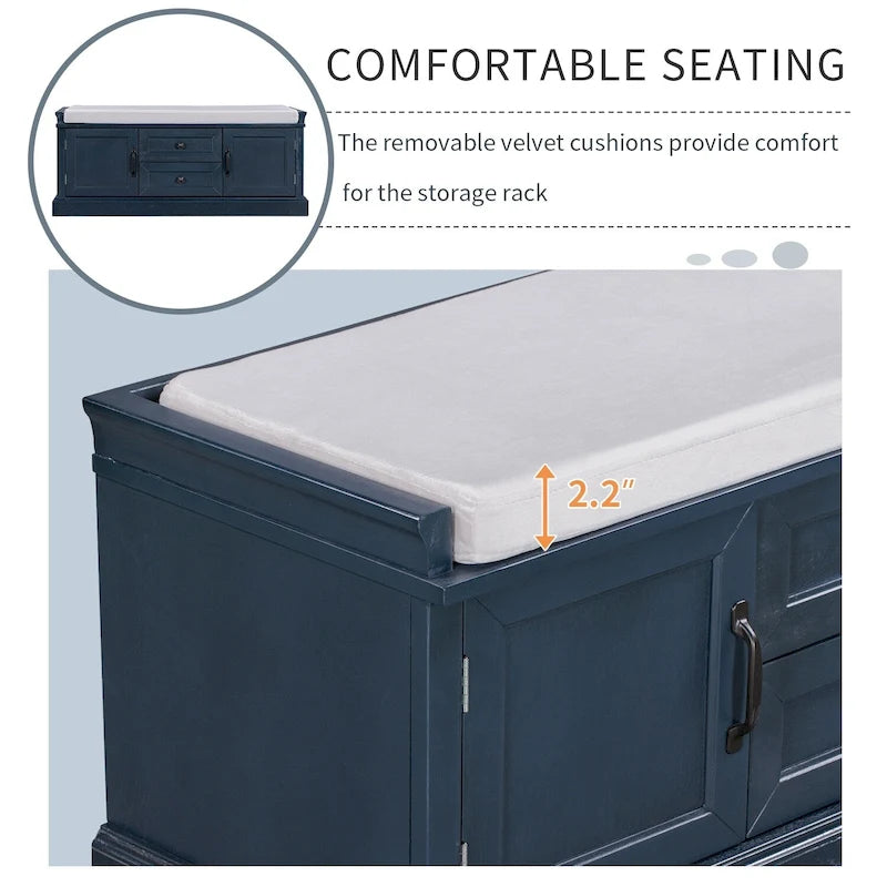 Banc de rangement d'entrée avec coussin, tiroirs et portes d'armoire
