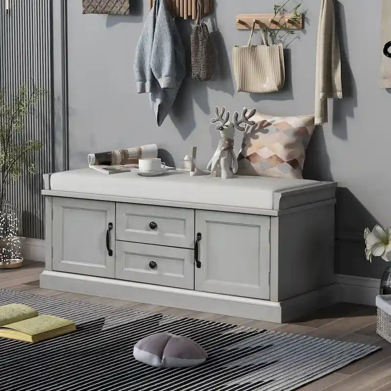 Banc de rangement d'entrée avec coussin, tiroirs et portes d'armoire