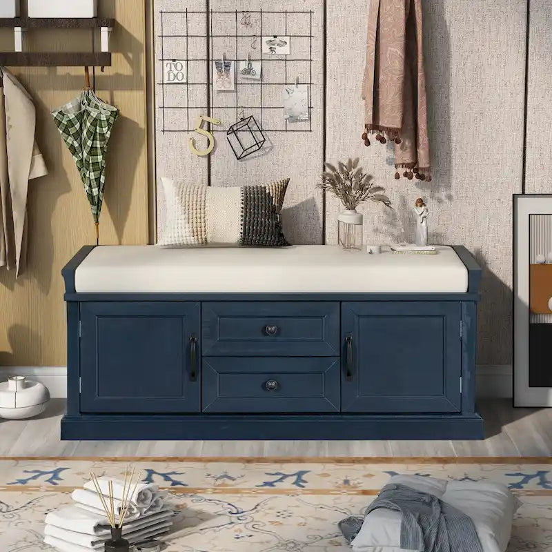 Banc de rangement d'entrée avec coussin, tiroirs et portes d'armoire
