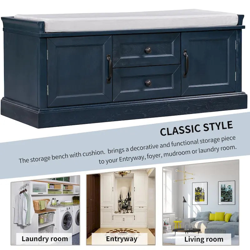 Banc de rangement d'entrée avec coussin, tiroirs et portes d'armoire