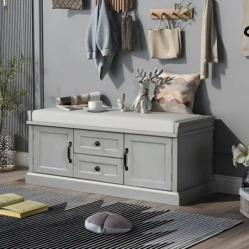 Banc de rangement d'entrée avec coussin, tiroirs et portes d'armoire