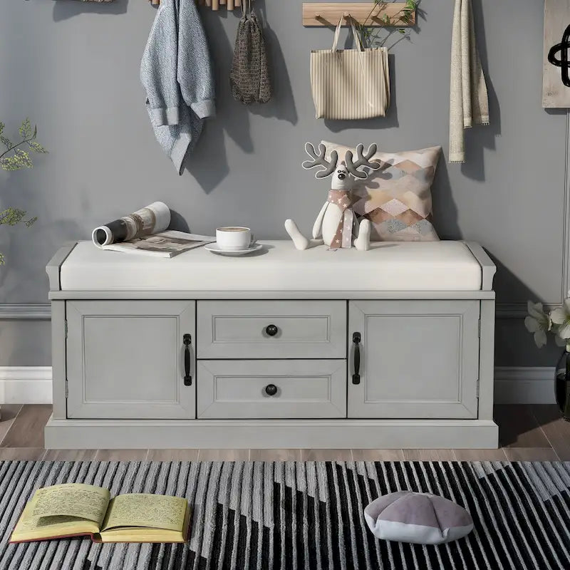 Banc de rangement d'entrée avec coussin, tiroirs et portes d'armoire