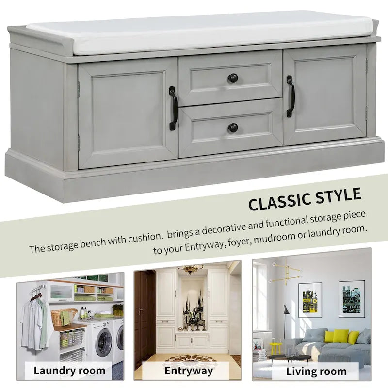 Banc de rangement d'entrée avec coussin, tiroirs et portes d'armoire