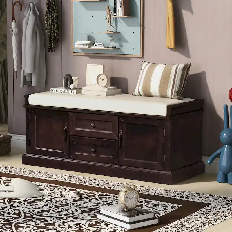 Banc de rangement d'entrée avec coussin, tiroirs et portes d'armoire