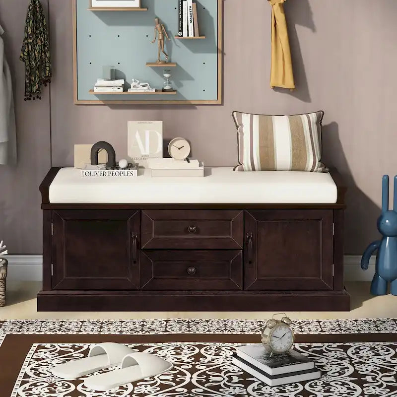 Banc de rangement d'entrée avec coussin, tiroirs et portes d'armoire