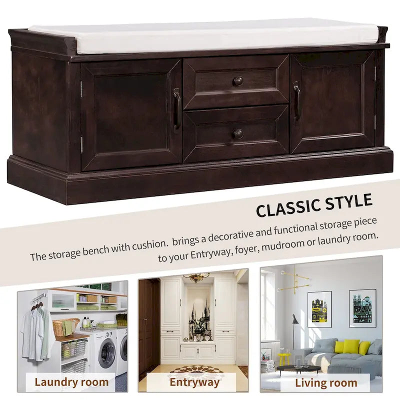 Banc de rangement d'entrée avec coussin, tiroirs et portes d'armoire