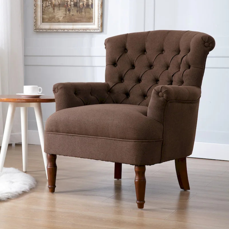 Fauteuil club capitonné en lin surdimensionné avec cadre en bois expresso