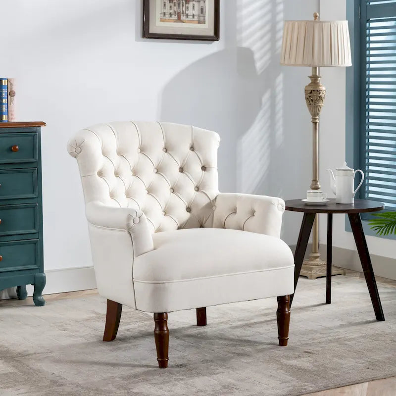 Fauteuil club capitonné en lin surdimensionné avec cadre en bois expresso