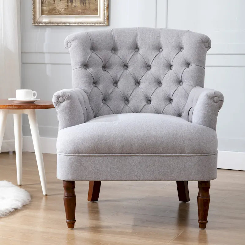Fauteuil club capitonné en lin surdimensionné avec cadre en bois expresso