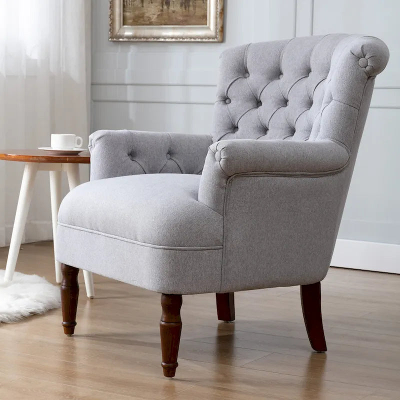 Fauteuil club capitonné en lin surdimensionné avec cadre en bois expresso