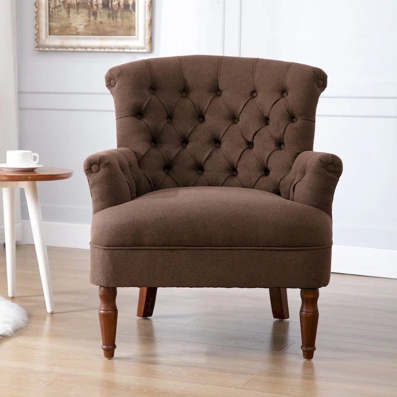 Fauteuil club capitonné en lin surdimensionné avec cadre en bois expresso