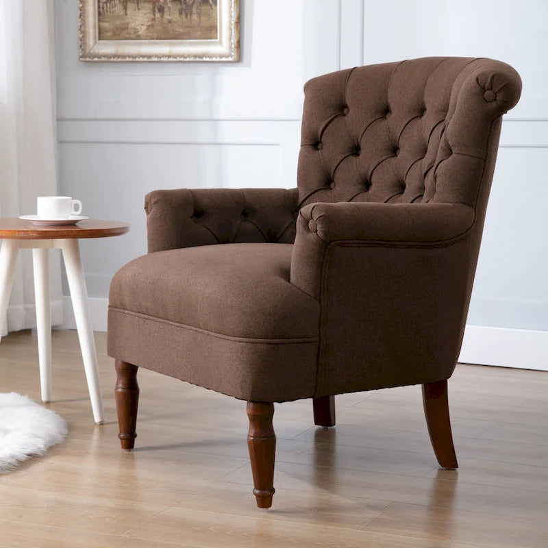 Fauteuil club capitonné en lin surdimensionné avec cadre en bois expresso