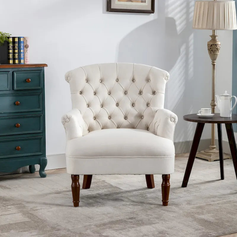 Fauteuil club capitonné en lin surdimensionné avec cadre en bois expresso