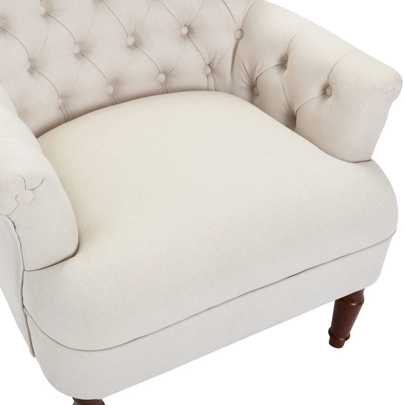 Fauteuil club capitonné en lin surdimensionné avec cadre en bois expresso