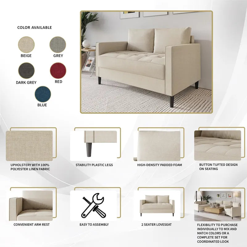 Causeuse minimaliste contemporaine en lin avec coussins amovibles