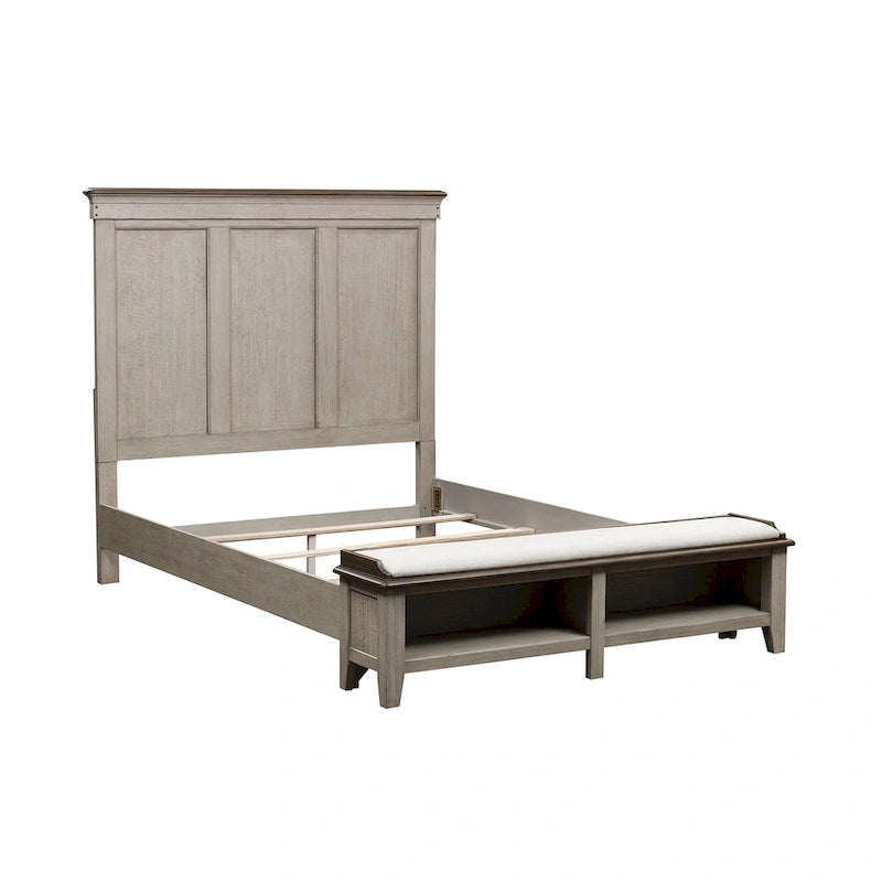 Lit de rangement de ferme avec banc rembourré en bout de lit et tête de lit à panneaux