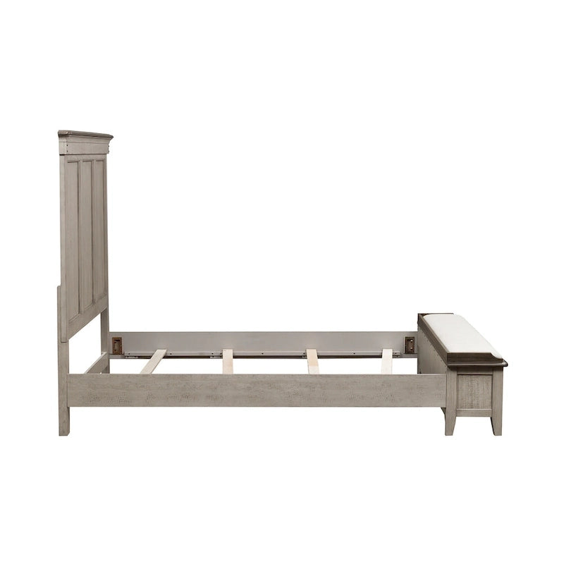 Lit de rangement de ferme avec banc rembourré en bout de lit et tête de lit à panneaux