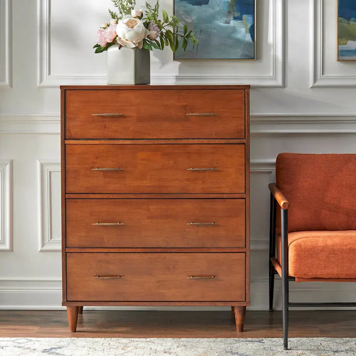 Commode à 4 tiroirs de style moderne du milieu du siècle avec poignées en laiton antique