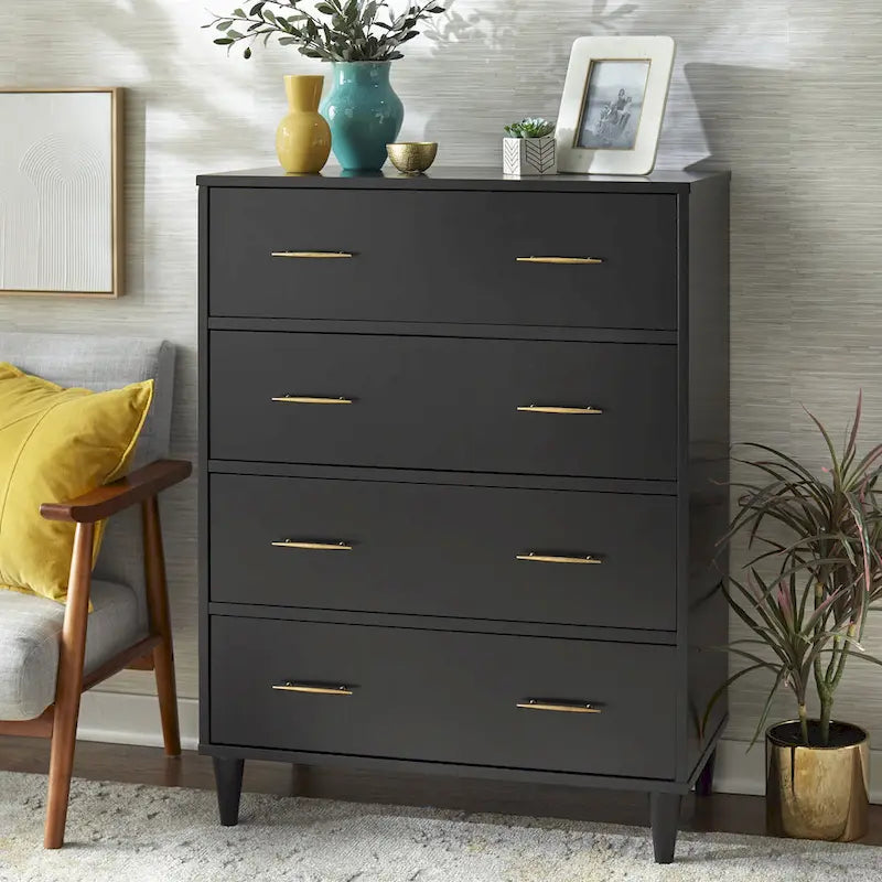 Commode à 4 tiroirs de style moderne du milieu du siècle avec poignées en laiton antique