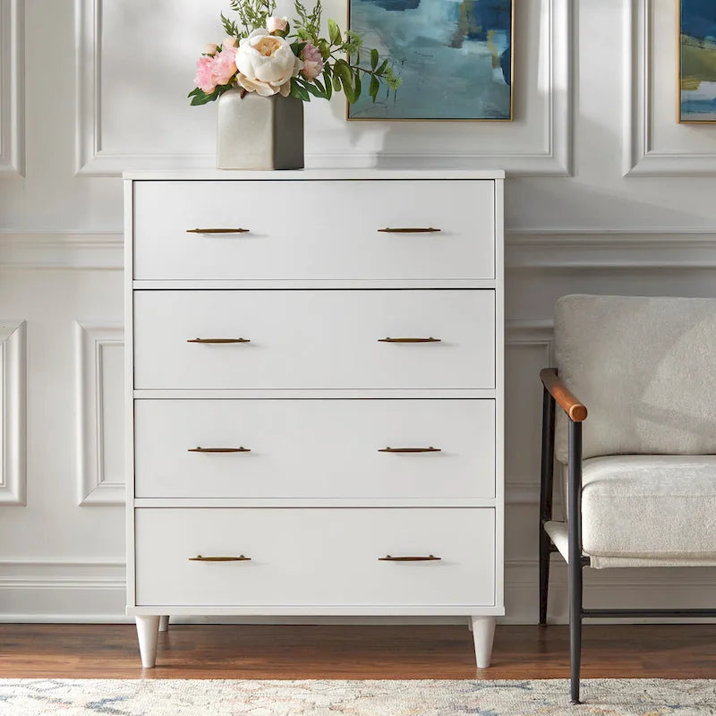 Commode à 4 tiroirs de style moderne du milieu du siècle avec poignées en laiton antique