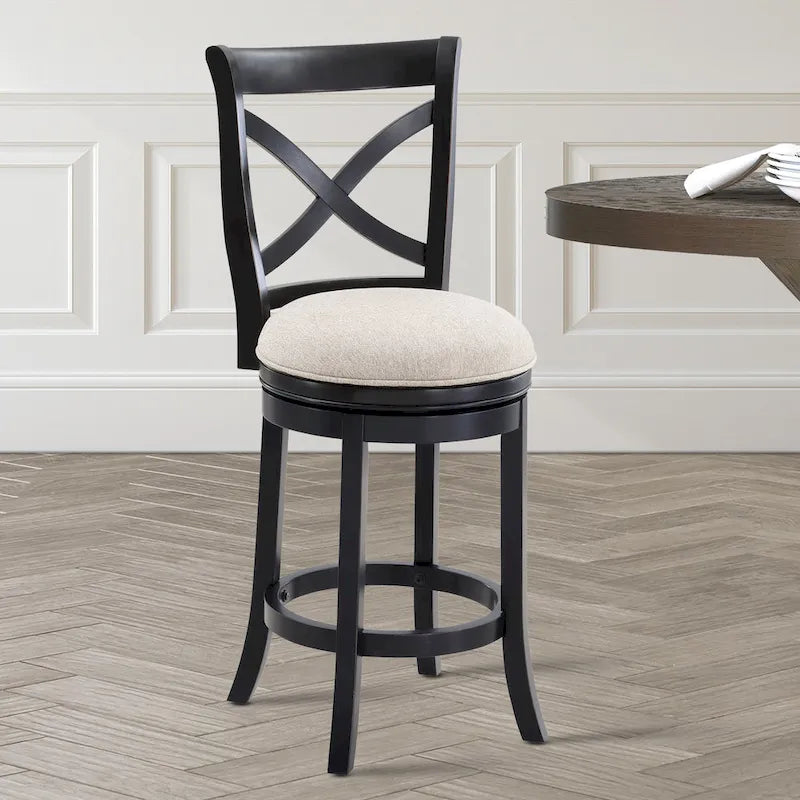 Tabouret de comptoir pivotant avec assise rembourrée et dossier en X