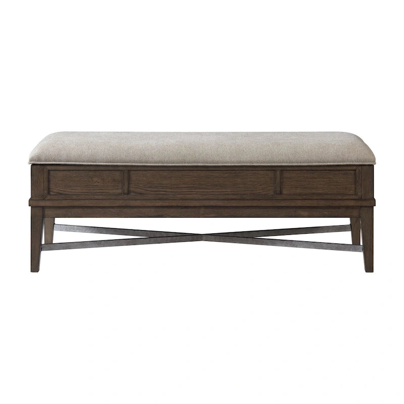 Banc de rangement de chambre en chêne patiné avec coussin et quincaillerie en bronze antique